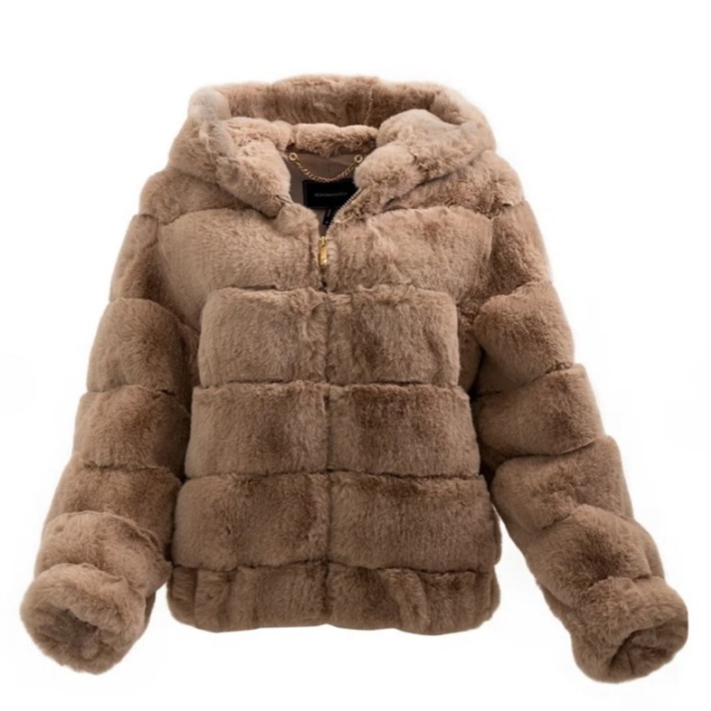 NWT BCBGMAXAZARIA faux fur long sleeve plush jacket in color Mink. Size Large - Picture 2 of 8